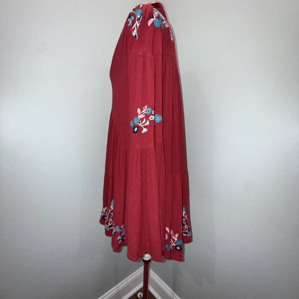Free People Te Amo Small Mini Dress‎ Red Spring Embroidered Oversized Flared